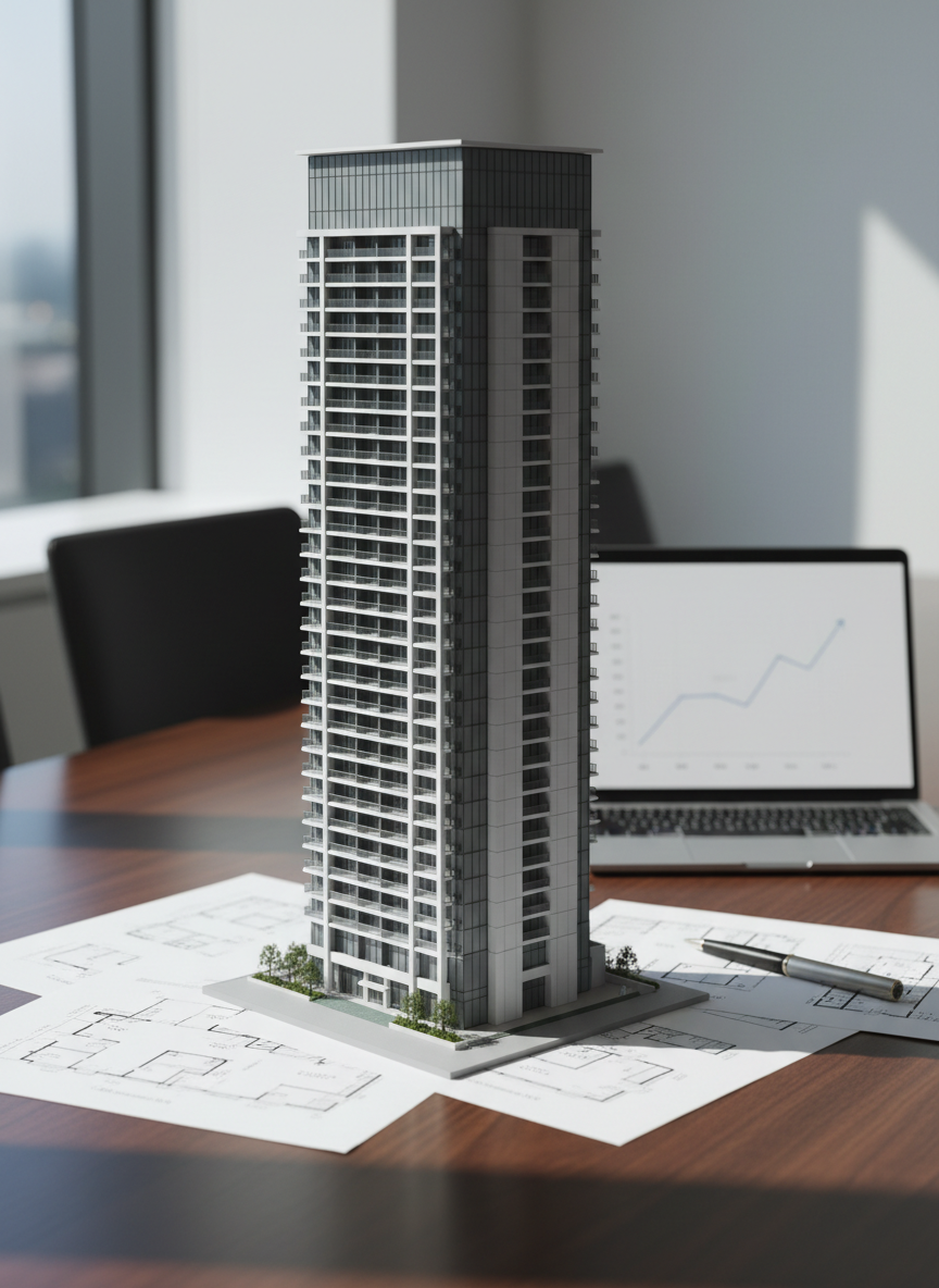 A sleek miniature model of a modern Tokyo high-rise condominium tower, with crisp white and glass facades and tiny detailed balconies, placed on a dark walnut boardroom table. Around it lie neatly arranged printed floor plans, a silver metal pen, and a slim open laptop displaying a subtle line graph of rising property values on its screen. Cool daylight from a large unseen window washes in from the left, creating clean reflections on the glass and gentle shadows on the table. Photographed at eye level with shallow depth of field so the tower is in razor-sharp focus and the documents blur softly. The mood is professional, analytical, and aspirational, in a clean, photographic realism style suited to an investment strategy portal.