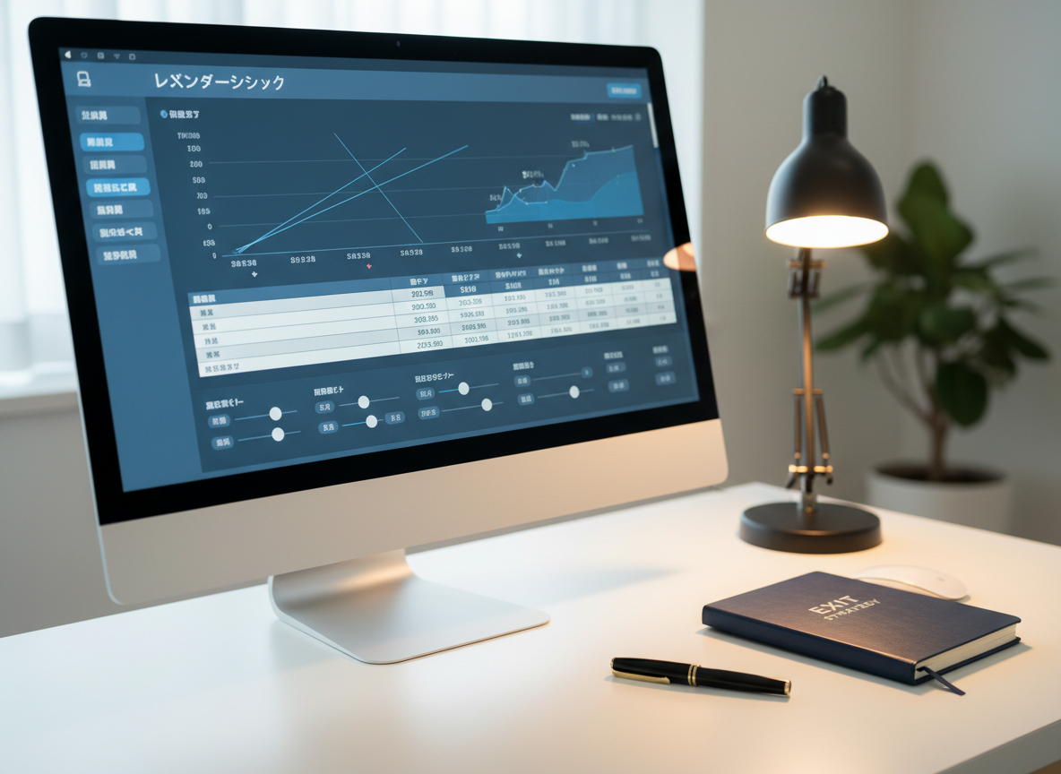 A high-resolution computer monitor on a tidy white desk displaying a sophisticated loan simulation dashboard: clear line graphs, repayment schedules, and adjustable sliders in a refined blue and gray UI, all in Japanese. Next to the monitor, a closed navy-blue notebook with a metal-embossed "EXIT STRATEGY" title in Japanese, and a polished black fountain pen rest neatly aligned. Subtle reflections play on the glassy monitor surface from cool, indirect daylight, while a single warm desk lamp adds a focused glow on the notebook. Shot from a three-quarter angle with moderate depth of field, the mood is reassuring, precise, and strategic. The style is photographic realism with a minimalist, high-end fintech feel, perfectly aligned with a members-only investment portal.