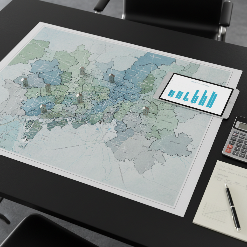 An elegant, large printed map of Tokyo’s 23 wards spread across a matte black desk, each ward subtly color-differentiated with precise, thin white boundary lines. Small, minimalist metal markers indicate prime condominium locations, while a slim tablet nearby shows a bar chart of projected exit yields in cool blues. A brushed steel calculator and a crisp notepad with handwritten numbers sit at the edge of the frame. Overhead, soft, diffused office lighting creates even illumination, with delicate shadows adding depth. Captured from a slightly elevated angle with sharp focus throughout, the mood is calm, methodical, and data-driven, evoking professional real estate analysis in a photographic, clean and modern aesthetic.