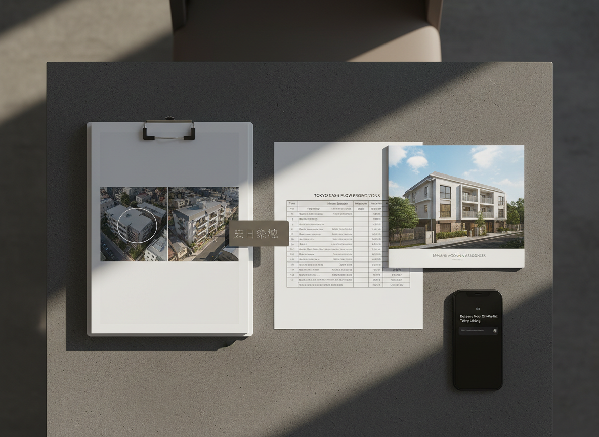 A meticulously arranged portfolio of Tokyo apartment investment documents: a thick, clipped property report with aerial photos, a clean spreadsheet of cash flow projections, and a glossy brochure showing an exterior rendering of a low-rise apartment block. All are spread on a charcoal gray table, with a metallic bookmark labeled "出口戦略" peeking from the report’s edge. A smartphone lies nearby, its screen showing a subtle notification of a new off-market listing. Soft, directional sunlight from the right creates elegant contrast and long, refined shadows, while the background falls gently out of focus. Captured from directly above in a flat-lay composition, the atmosphere is exclusive, professional, and detail-oriented, in a clean, photographic, editorial style.